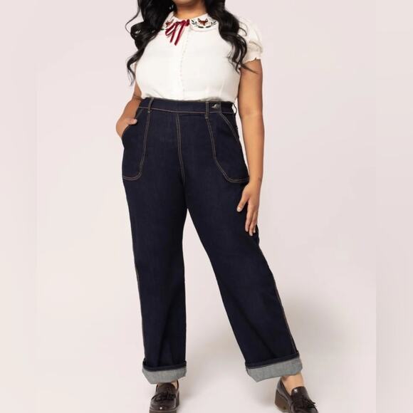 Hell Bunny Weston Denim Trousers Dark Wash Retro Style Plus Size Jeans 5XL - Picture 10 of 10